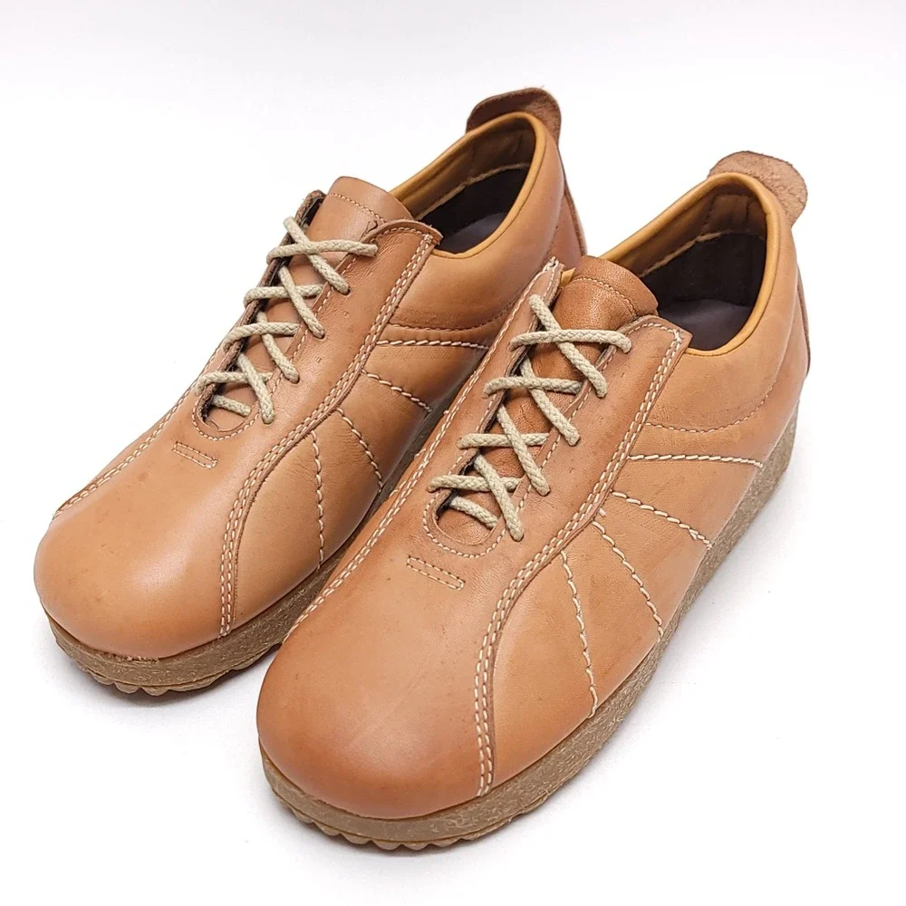 Armadillo Casual Tan Leather Platform‎ Shoes Sunburst Stitch Wedge Oxford 7.5